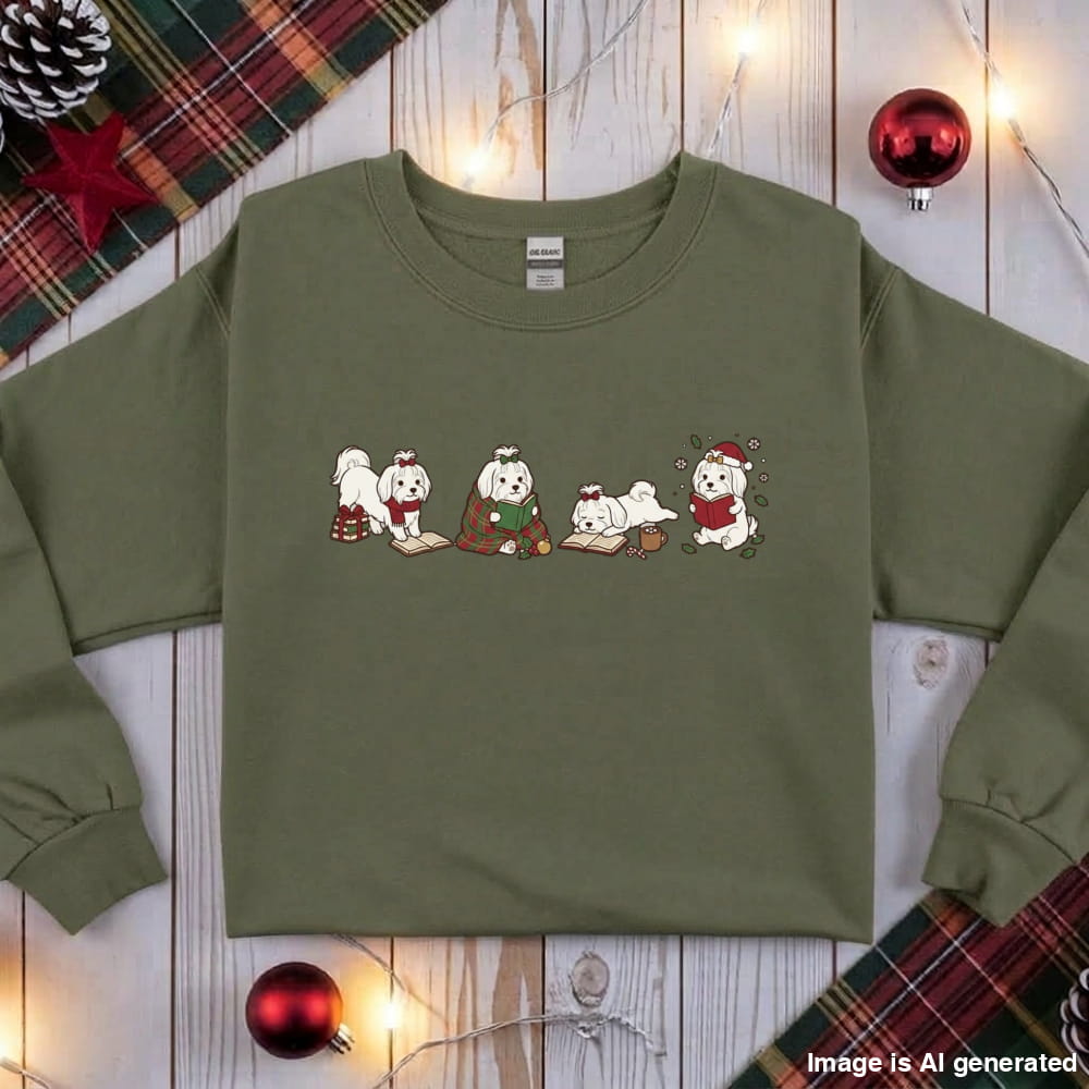 Military green Maltese Christmas Reading Sweatshirt, flat lay with holiday ornaments, string lights and plaid fabric