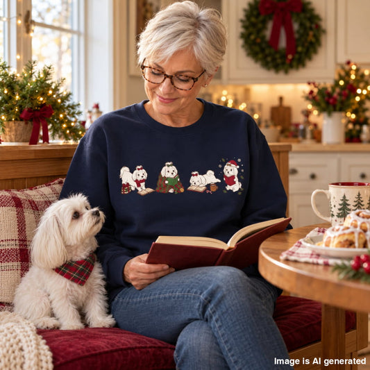 Woman in a navy Maltese Christmas Reading Sweatshirt reading a book in a cozy, Christmas-decorated room with her small dog beside her