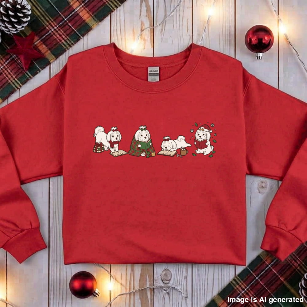 Red Maltese Christmas Reading Sweatshirt, flat lay with holiday ornaments, string lights and plaid fabric