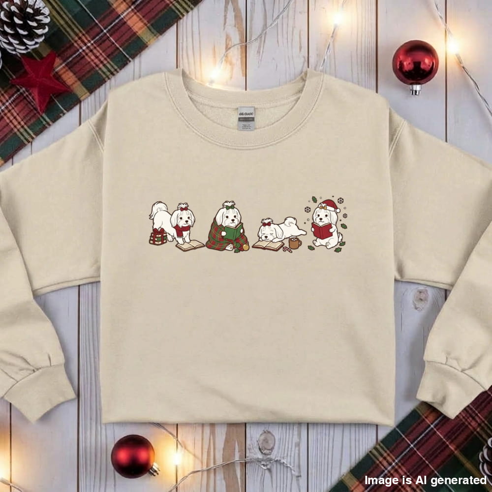 Sand Maltese Christmas Reading Sweatshirt, flat lay with holiday ornaments, string lights and plaid fabric