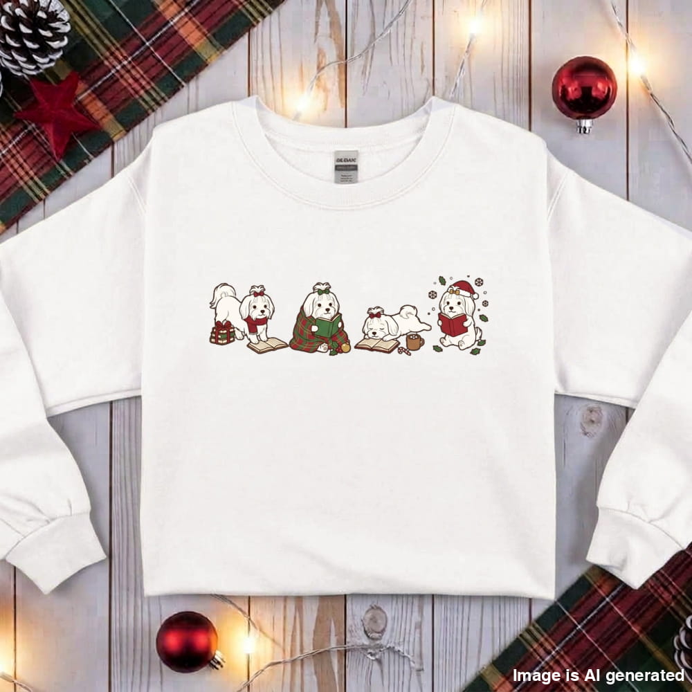 White Maltese Christmas Reading Sweatshirt, flat lay with holiday ornaments, string lights and plaid fabric