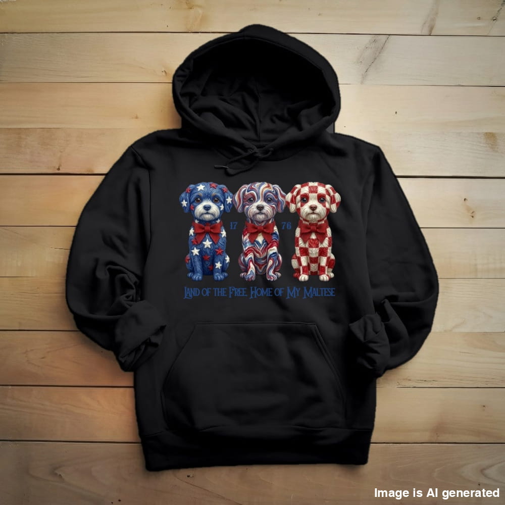 A black pullover hoodie laid flat on a light wood plank background, featuring a graphic of three small dogs decorated in patriotic red, white, and blue patterns, with the text 'Land of the Free: Home of My Mouse' printed below.