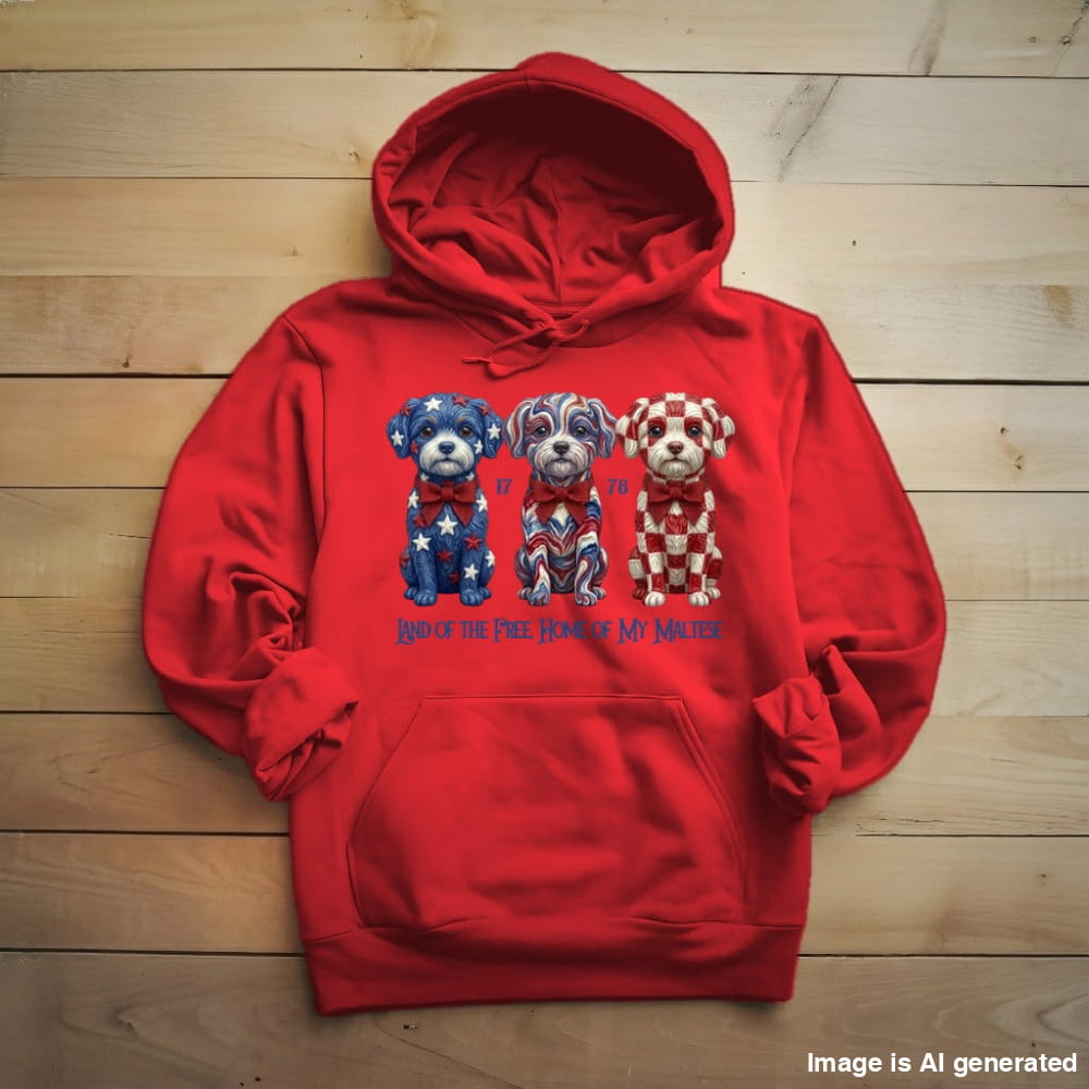 A red pullover hoodie laid flat on a light wood plank background, featuring a graphic of three small dogs decorated in patriotic red, white, and blue patterns, with the text 'No one can love you as much as I love you' printed below.