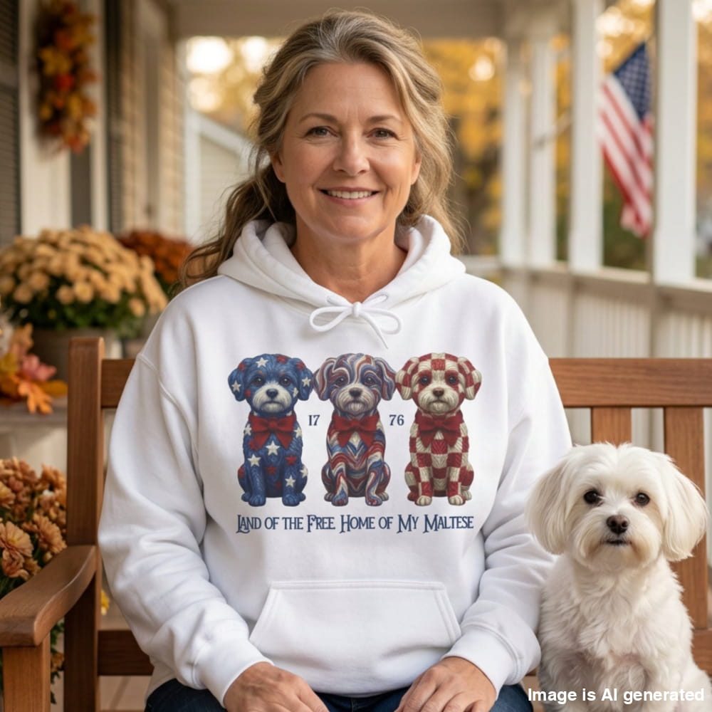 A smiling woman sits on a wooden porch bench wearing a white hoodie with a patriotic dog graphic and the text 'LAND OF THE FREE HOME OF MY MALTESE.' A small white dog sits beside her.