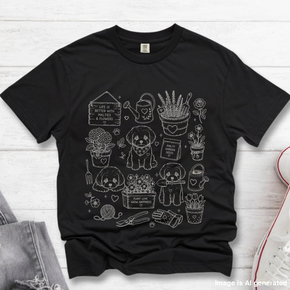 A black short-sleeve graphic T-shirt laid flat on a white wood background, featuring a white line-art design of cute cartoon dogs, potted plants, gardening tools, and small signs. Partial jeans and a white sneaker are visible at the edges as styling props.