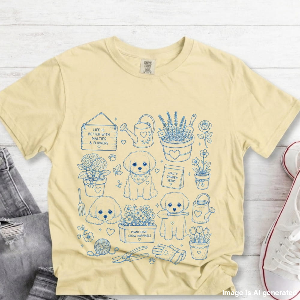 A pale yellow graphic T-shirt laid flat on a white wood surface, featuring blue line drawings of dogs, flowers, plants, gardening tools, and small text. Part of a gray denim garment and a white sneaker are visible at the edges as styling props.