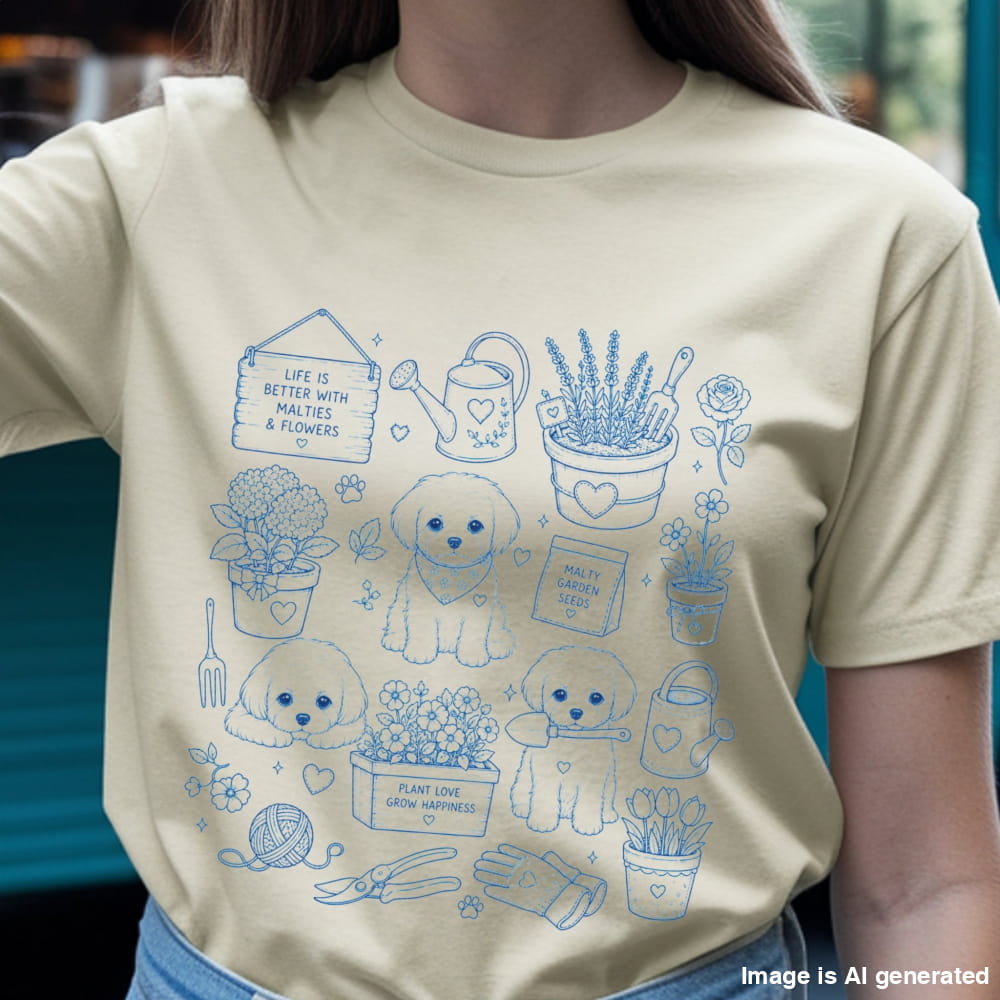 A person wearing a light beige graphic T-shirt with blue line drawings of French Bulldogs, gardening tools, plants, and signs, photographed outdoors with a blurred background.