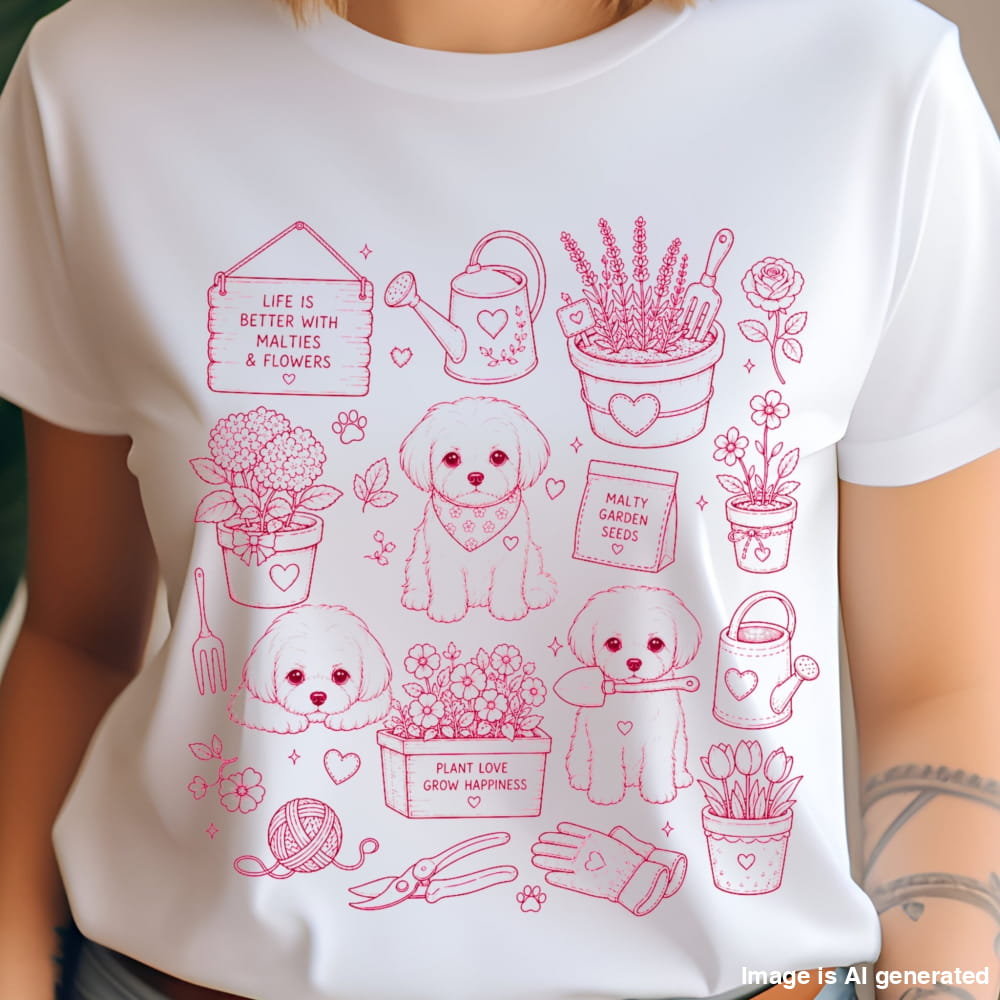 A white short-sleeve crewneck t-shirt featuring a pink line art graphic of poodles, gardening items, and quotes. The shirt is shown on a model, with the graphic clearly visible.