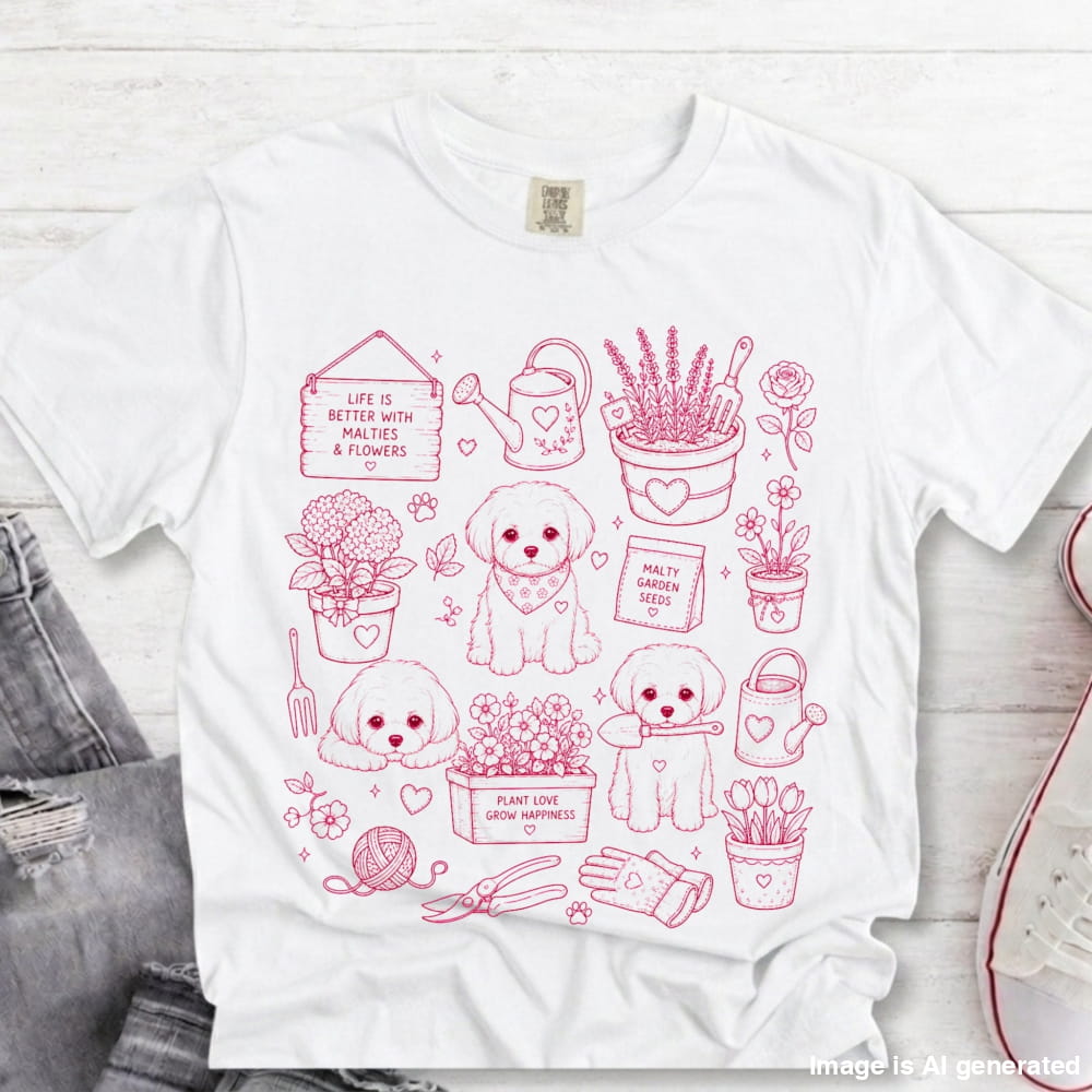 A white short-sleeve graphic T-shirt laid flat on a light wood surface, featuring a pink line-art design of two chihuahuas, flower pots, gardening tools, hearts, and small signs. A pair of jeans and part of a white sneaker are visible as styling props.