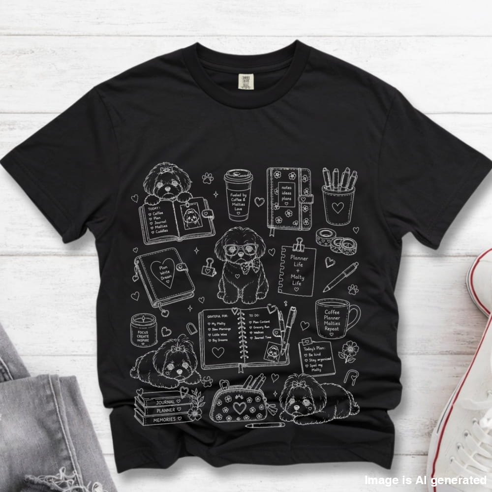 A black short-sleeve graphic t-shirt laid flat on a white wood background, featuring white line-art illustrations of a small dog, notebooks, coffee cups, pens, and other study-themed items. Styled flat-lay props include gray denim on the left and a white sneaker on the right.
