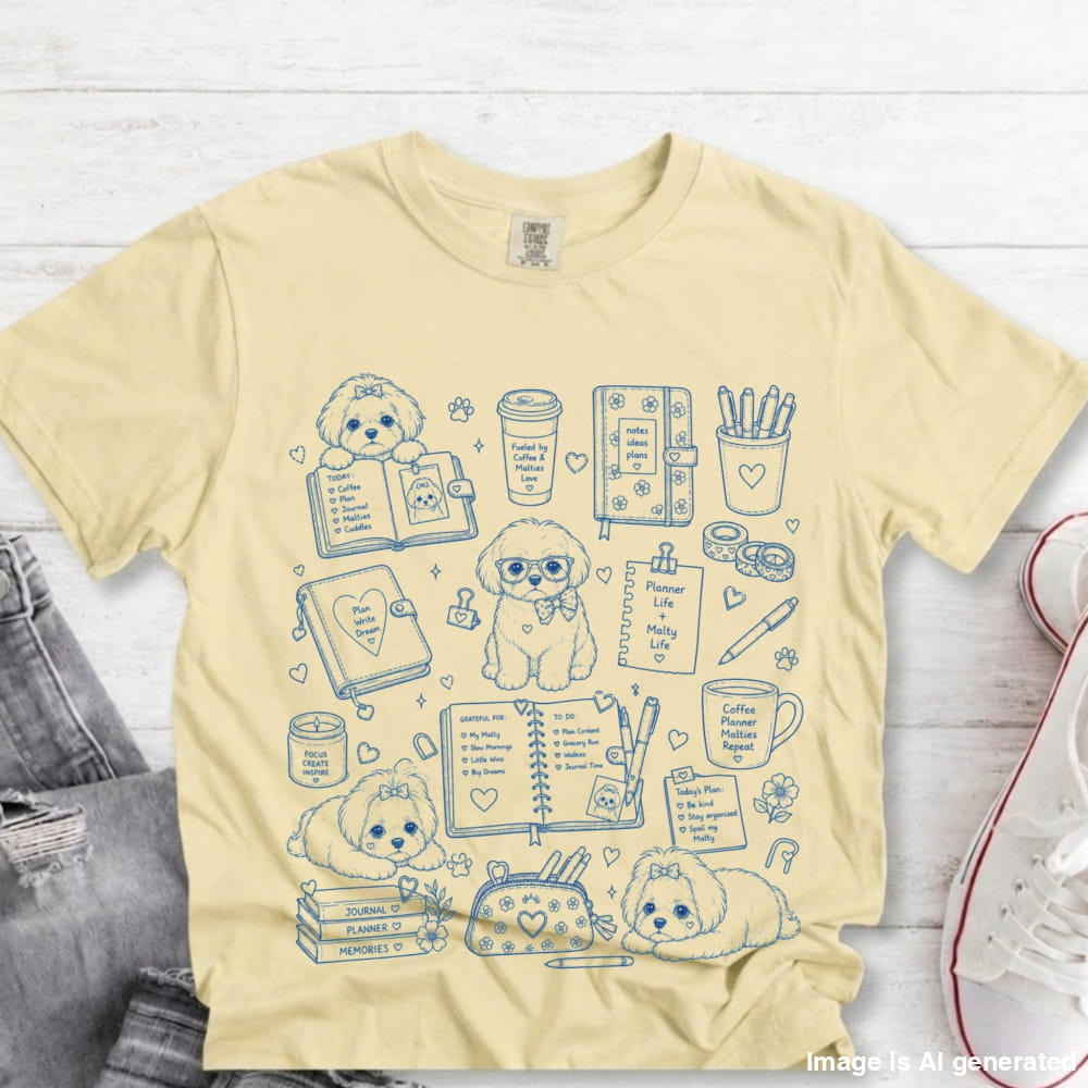 A pale yellow graphic T-shirt laid flat on a white wood background, styled with part of a denim jacket, a white sneaker, and a small dog illustration printed across the front in blue line art.