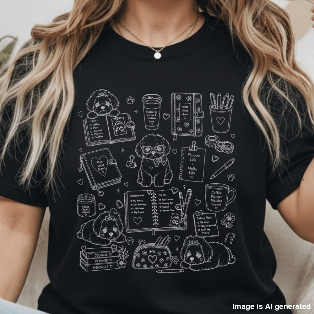 A woman wearing a black short-sleeve t-shirt with a white line-art graphic of cute poodles, notebooks, coffee cups, and stationery items.