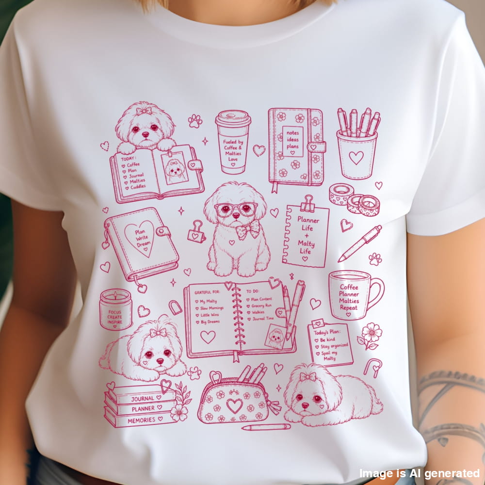 A white short-sleeve crewneck t-shirt featuring a pink line-art graphic collage of cute poodle illustrations and stationery items, worn by a model.
