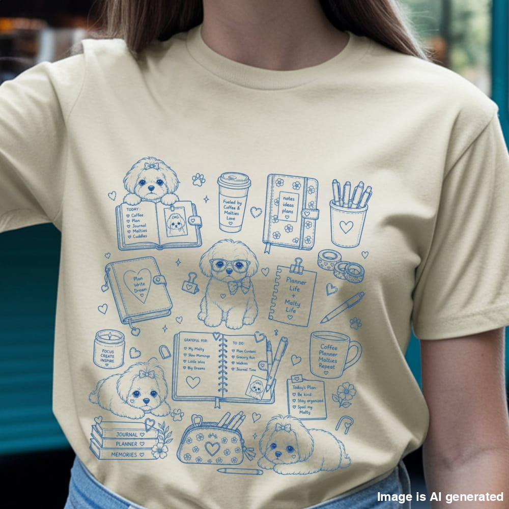 A person wearing a cream-colored t-shirt with a blue line art graphic of dachshunds reading, surrounded by books, a mug, a lamp, and hearts. The background is a blurred teal outdoor setting.