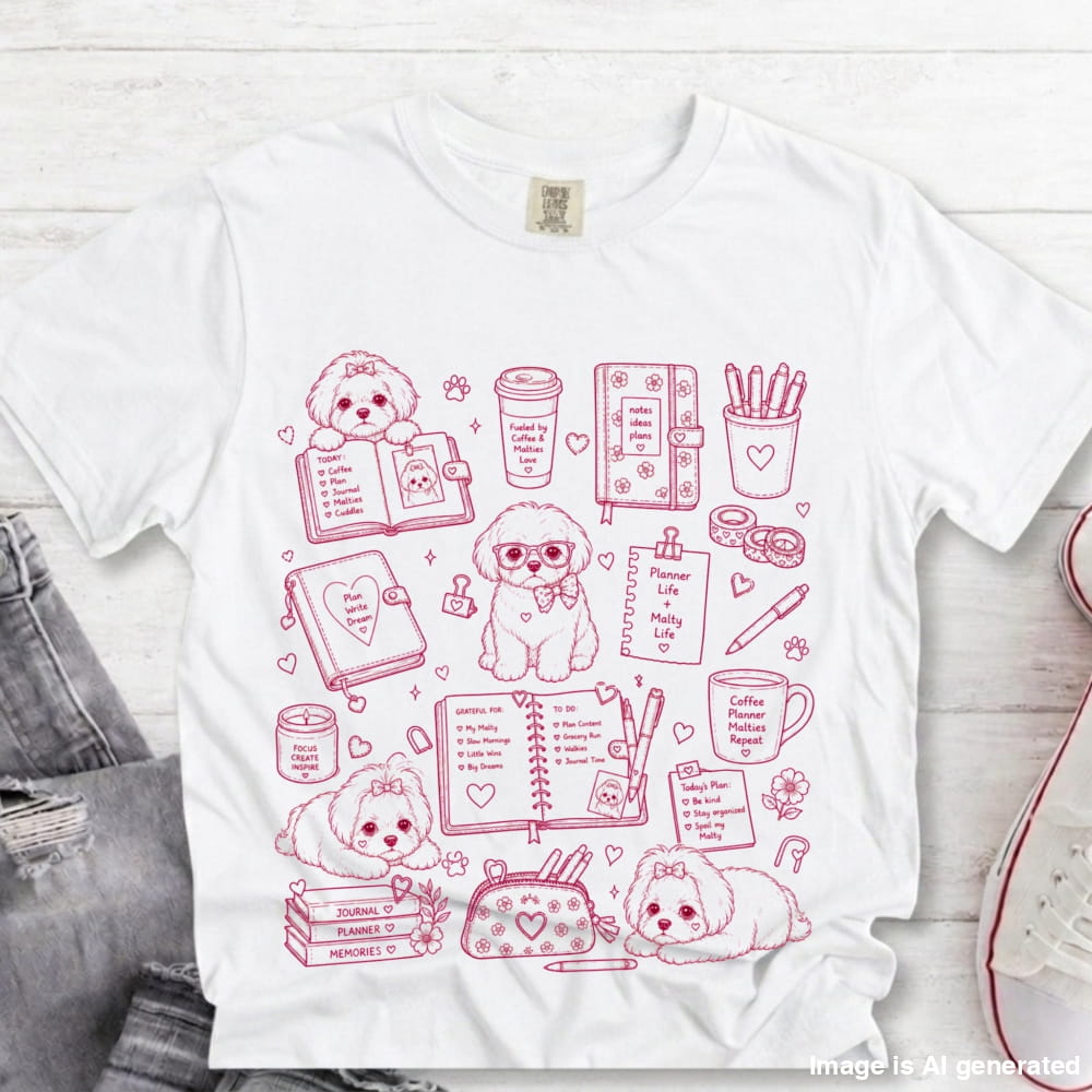 A white short-sleeve graphic T-shirt laid flat on a light wood surface, featuring pink line-art illustrations of small dogs, notebooks, pens, coffee cups, and heart motifs. A partial gray denim item and a white shoe edge are visible at the left and right edges.