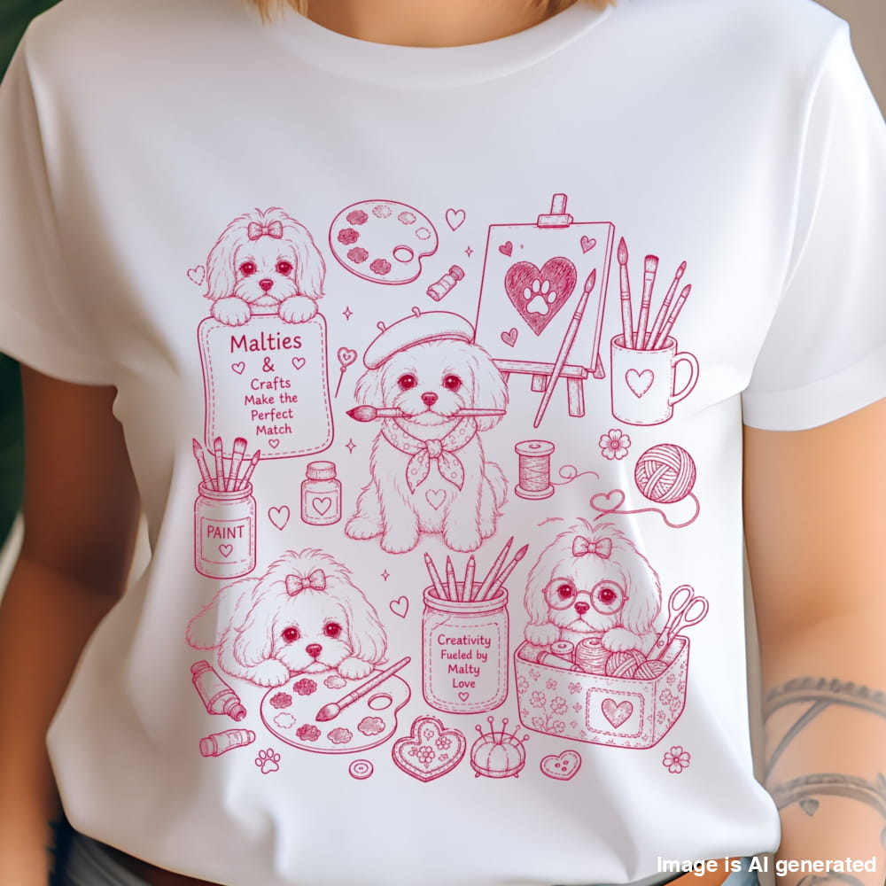 A white short-sleeve crewneck t-shirt featuring a pink line art graphic of four small dogs surrounded by craft and painting supplies, worn by a model.