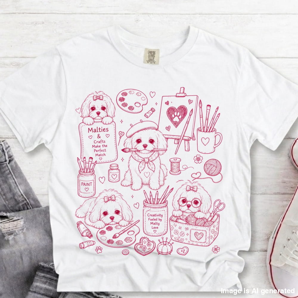 A white short-sleeve graphic T-shirt laid flat on a light wood surface, featuring a pink line-art illustration of four dogs with paintbrushes, paint palettes, hearts, and craft-themed doodles. Partial jeans and a shoe edge are visible at the margins as styling props.