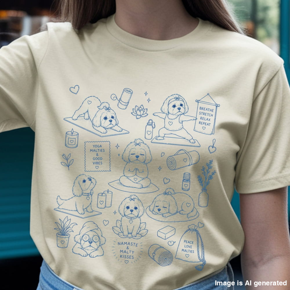 A person wearing a light beige graphic T-shirt with blue line-art illustrations of dogs doing yoga poses and phrases like 'Yoga Masters & Good Vibe' and 'Naptime & Malty Kisses.'.
