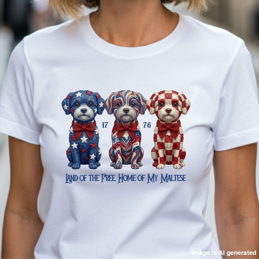 White t-shirt with three Maltese dogs design and text, worn by a person.