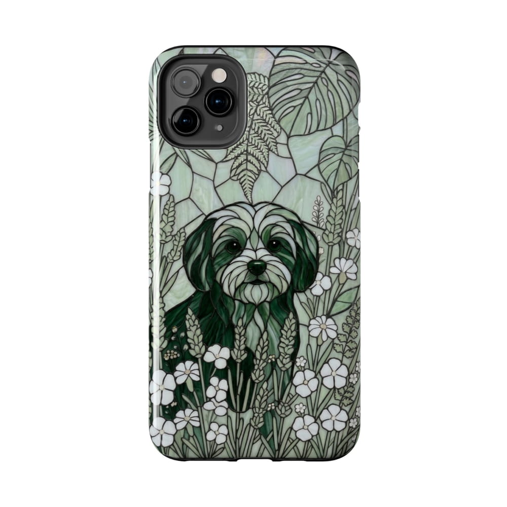 Phone case with a dog illustration and floral design on a white background