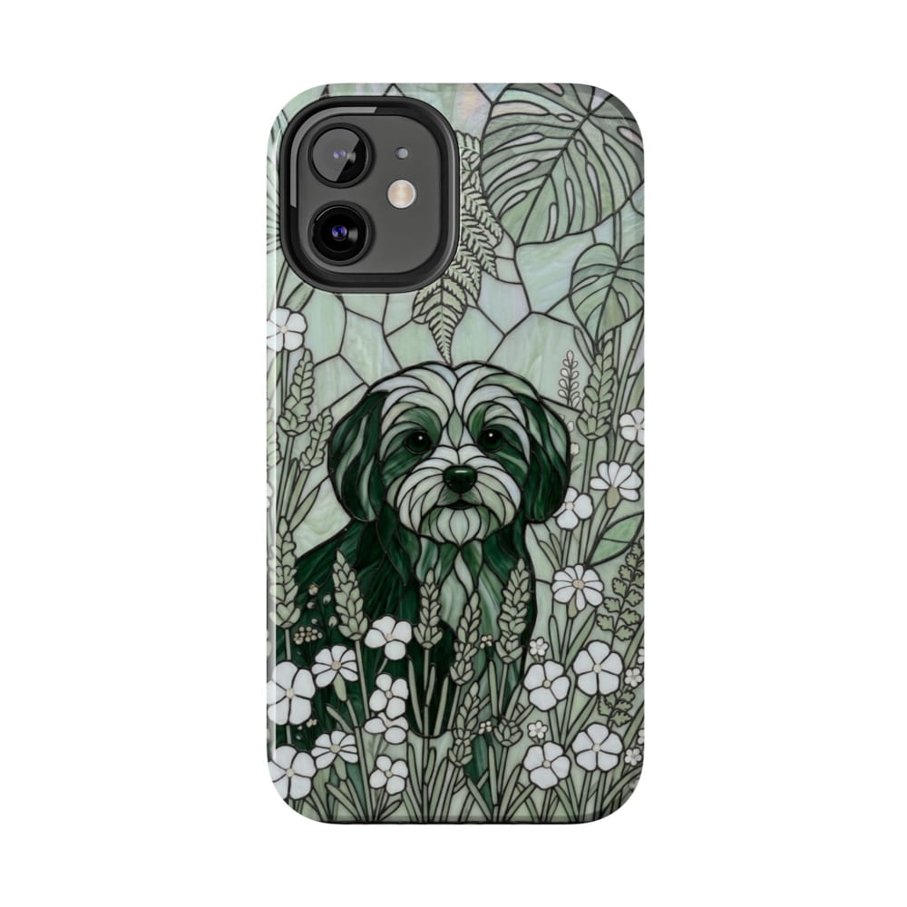 Maltese Stained Glass Style Tough Case, Botanical Green Theme - iPhone 12 Mini - Phone Case