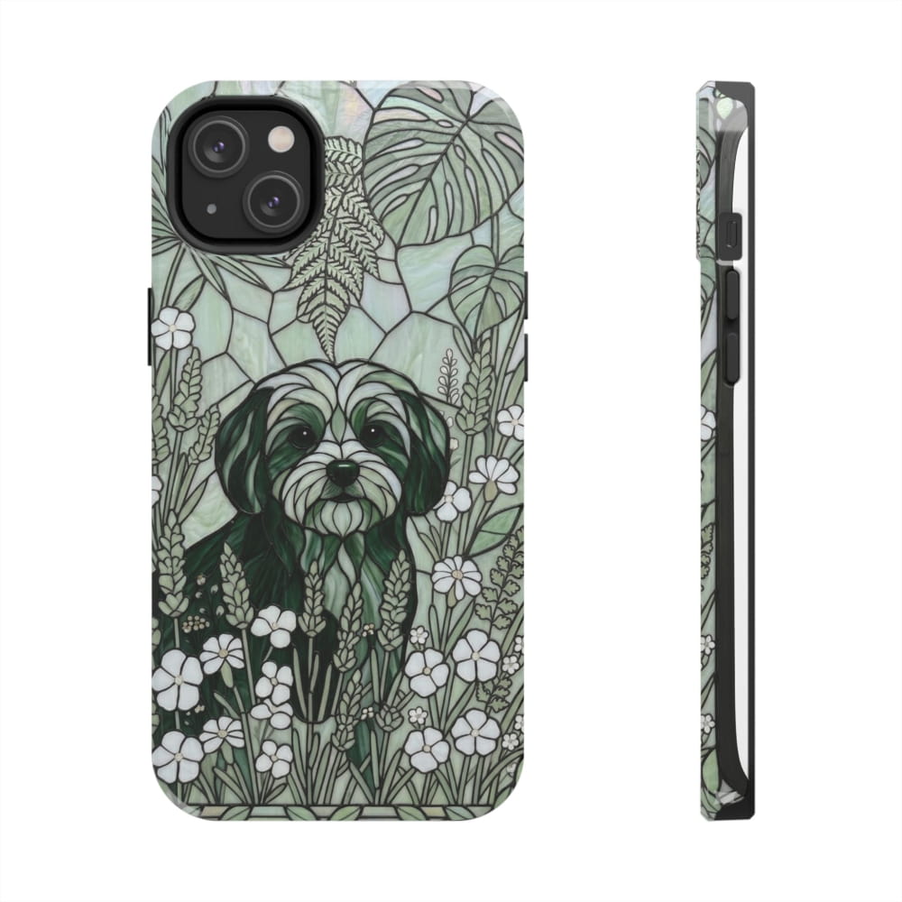 Maltese Stained Glass Style Tough Case, Botanical Green Theme - iPhone 14 Plus - Phone Case