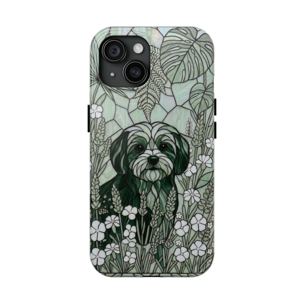 Maltese Stained Glass Style Tough Case, Botanical Green Theme - iPhone 15 - Phone Case