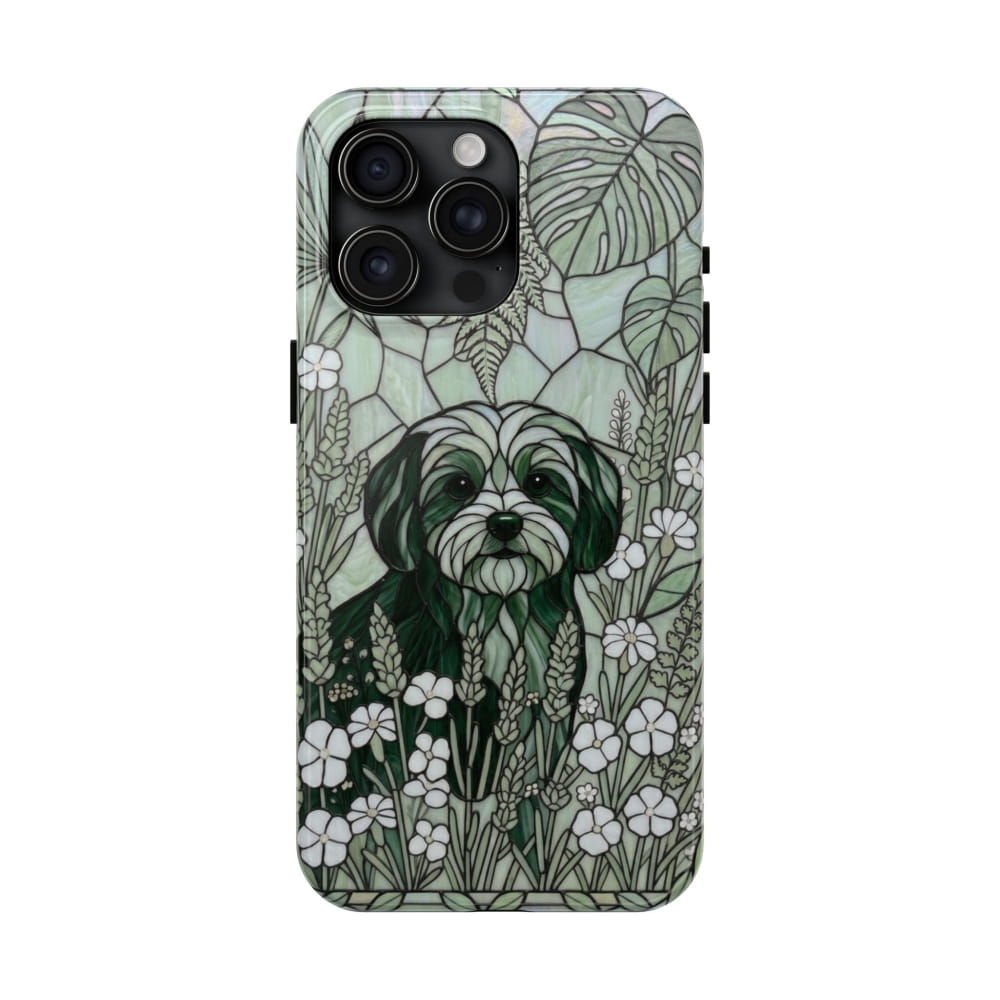 Maltese Stained Glass Style Tough Case, Botanical Green Theme - iPhone 15 Pro Max - Phone Case