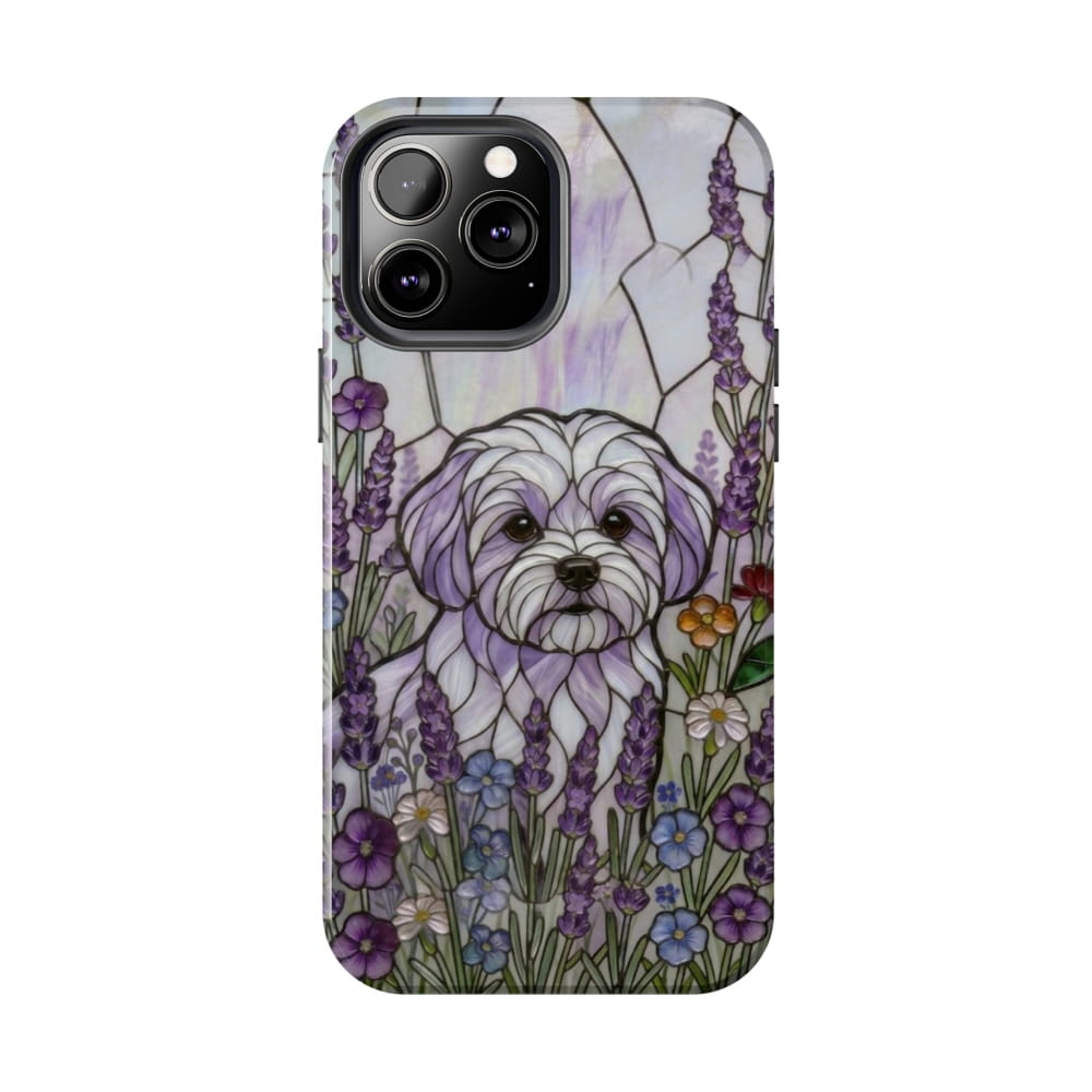 Maltese Stained Glass Style Tough Case, Lavender Floral Theme - iPhone 13 Pro Max - Phone Case