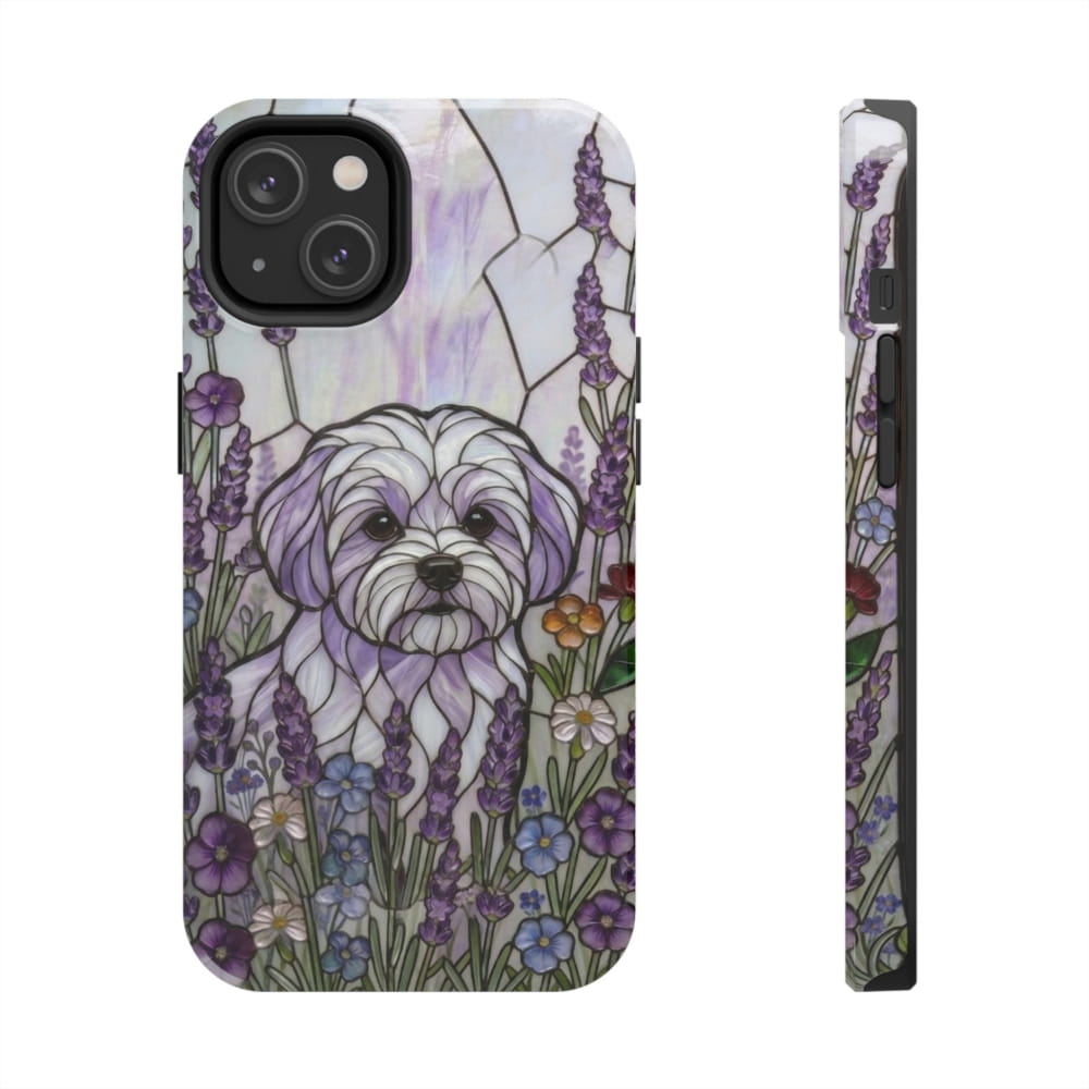Maltese Stained Glass Style Tough Case, Lavender Floral Theme - iPhone 14 - Phone Case