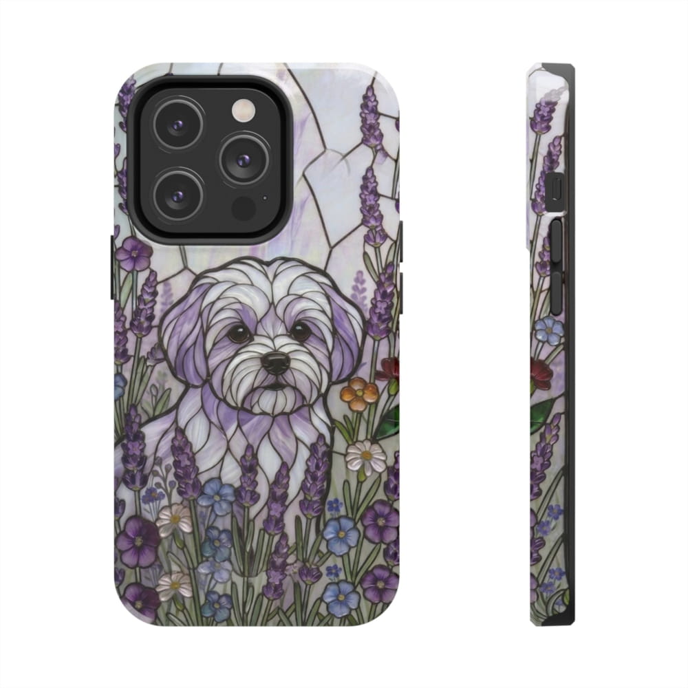 Maltese Stained Glass Style Tough Case, Lavender Floral Theme - iPhone 14 Pro - Phone Case