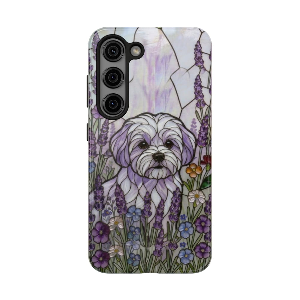 Maltese Stained Glass Style Tough Case, Lavender Floral Theme - Samsung Galaxy S23 - Phone Case