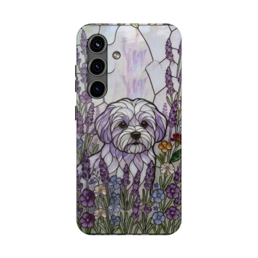 Maltese Stained Glass Style Tough Case, Lavender Floral Theme - Samsung Galaxy S24 - Phone Case