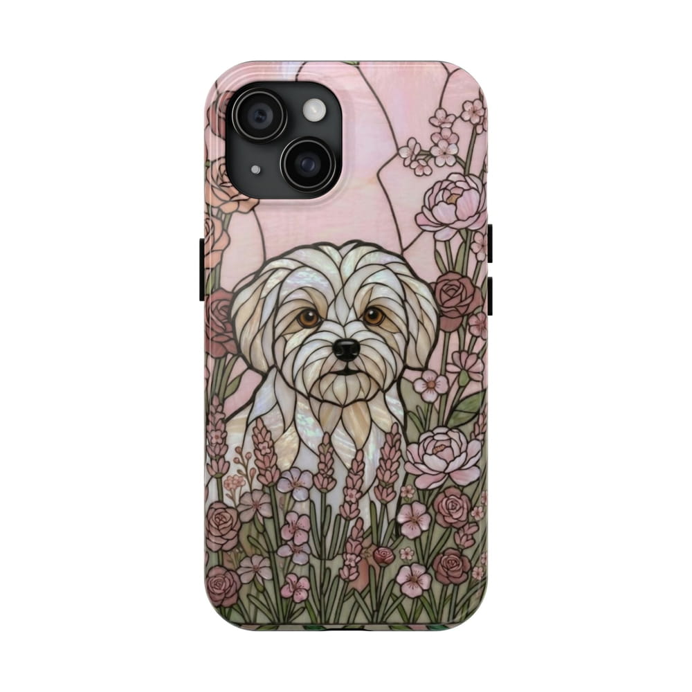 Maltese Stained Glass Style Tough Case, Rose Garden Theme - iPhone 15 - Phone Case