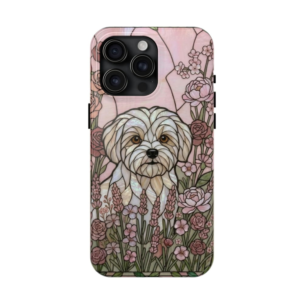 Maltese Stained Glass Style Tough Case, Rose Garden Theme - iPhone 15 Pro Max - Phone Case