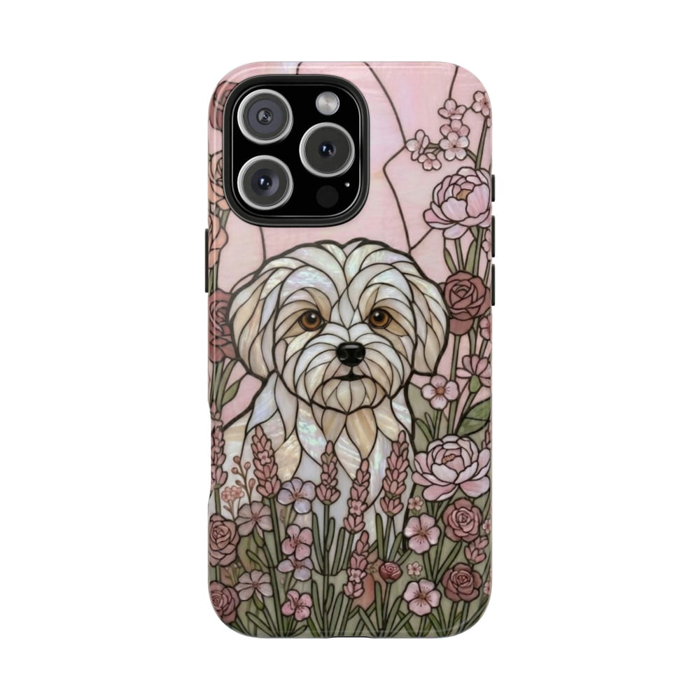 Maltese Stained Glass Style Tough Case, Rose Garden Theme - iPhone 16 Pro Max - Phone Case
