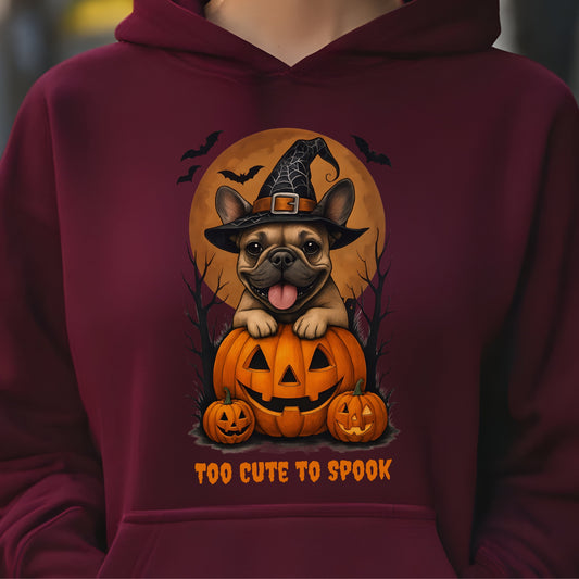French Bulldog wearing a witch hat with pumpkins and bats, Halloween theme on a maroon hoodie.