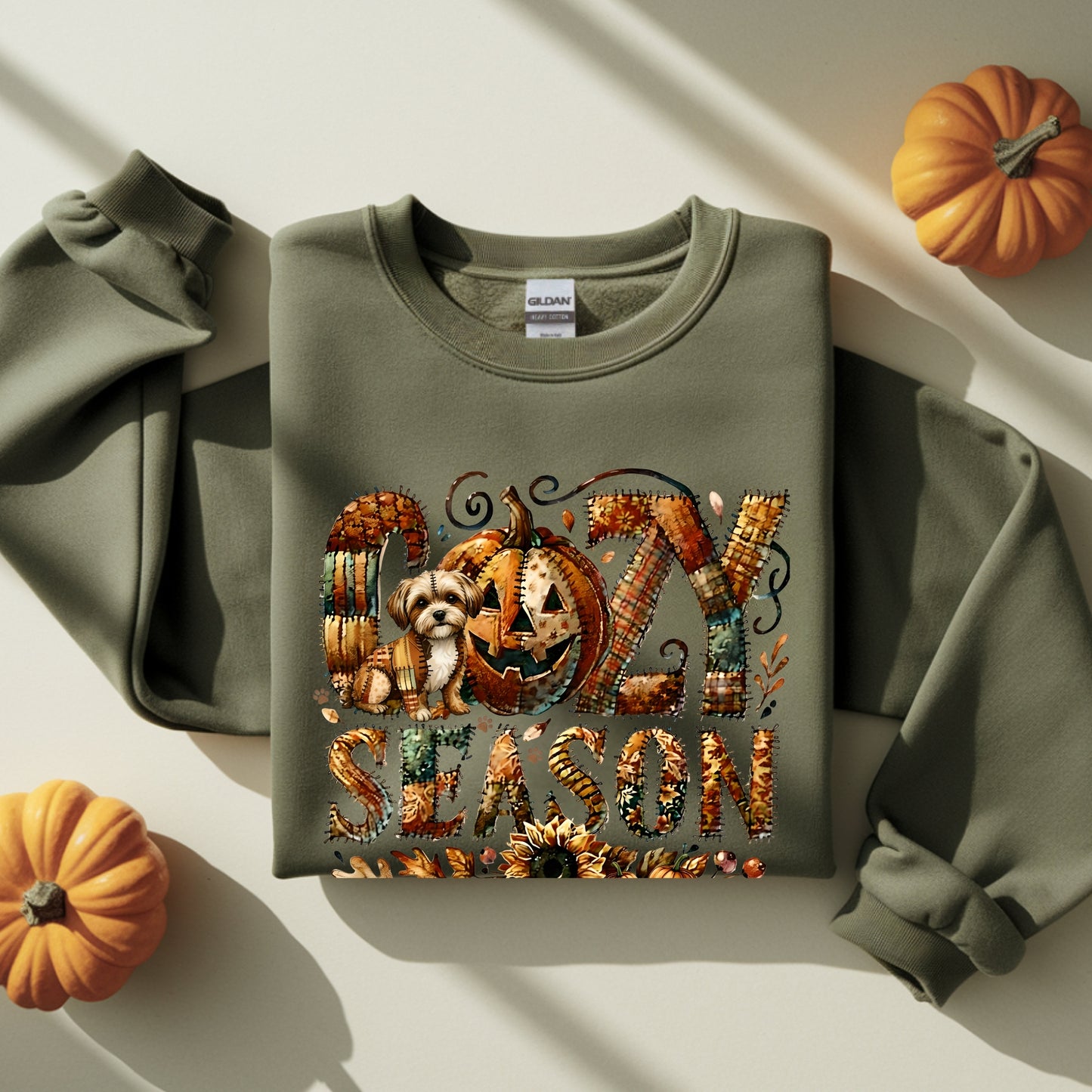 Cozy Season Shi Tzu Premium Sweatshirt – Autumn Halloween Patchwork Edition
