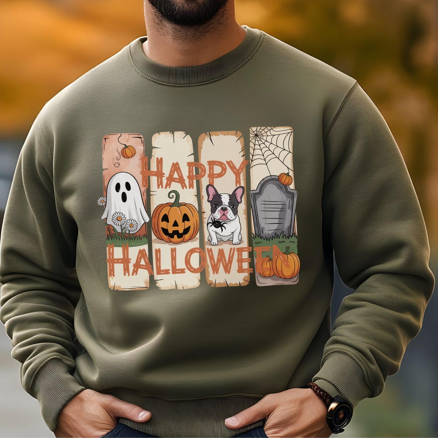 Military Green sweatshirt with “Happy Halloween” design featuring a ghost, jack-o’-lantern, French Bulldog, gravestone, pumpkins, and cute autumn graphics.