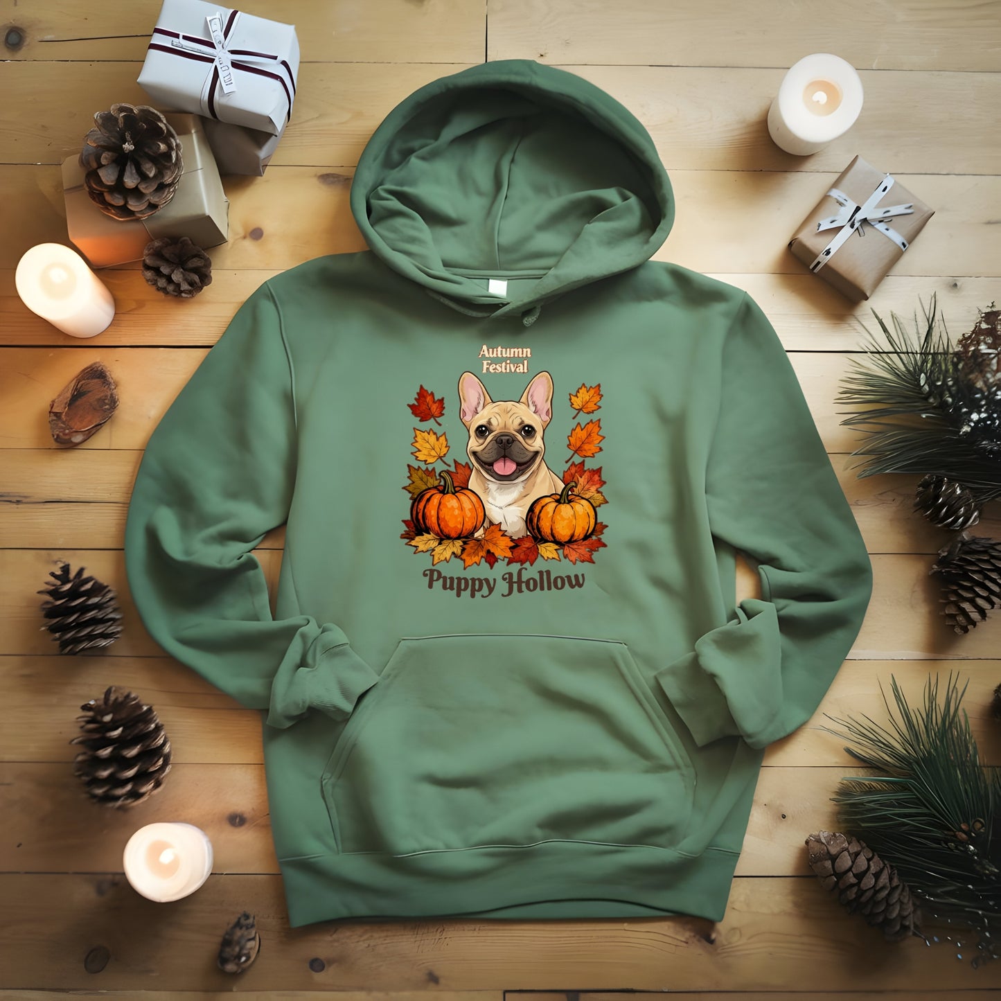 Frenchie Puppy Hollow Cozy Premium Unisex Hoodie – Fall Family & Community Edition