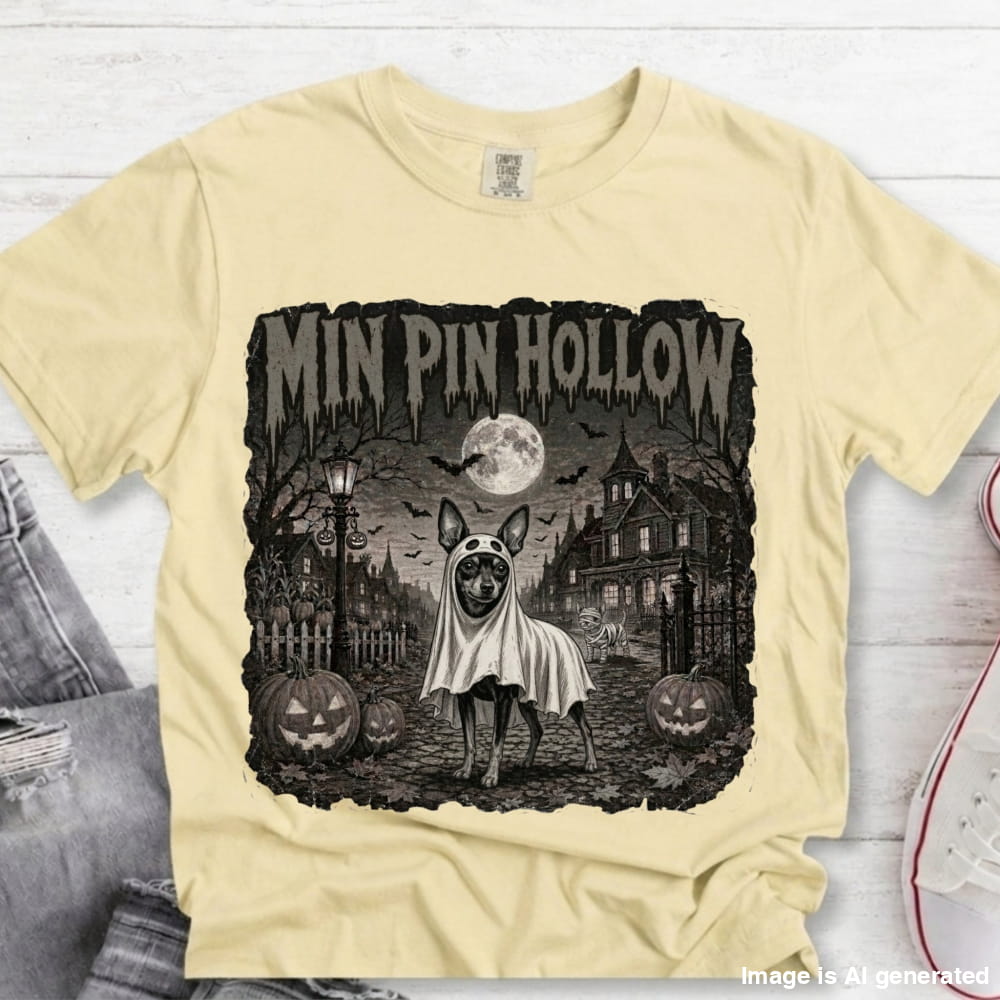 A pale yellow graphic t-shirt laid flat on a white wood background, featuring a black and white Halloween illustration of a dog in a ghost costume with the text 'MIN PIN HOLLOW'.