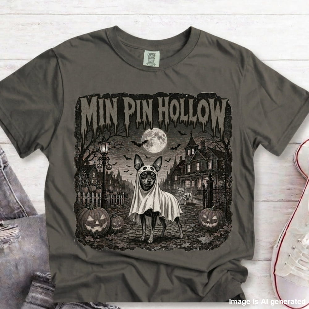 A dark gray crewneck t-shirt featuring a Halloween graphic of a dog dressed as a ghost in front of haunted houses and jack-o'-lanterns, with the text 'MIN PIN HOLLOW' at the top. The shirt is styled flat on a white wood background with jeans and a sneaker partially visible.
