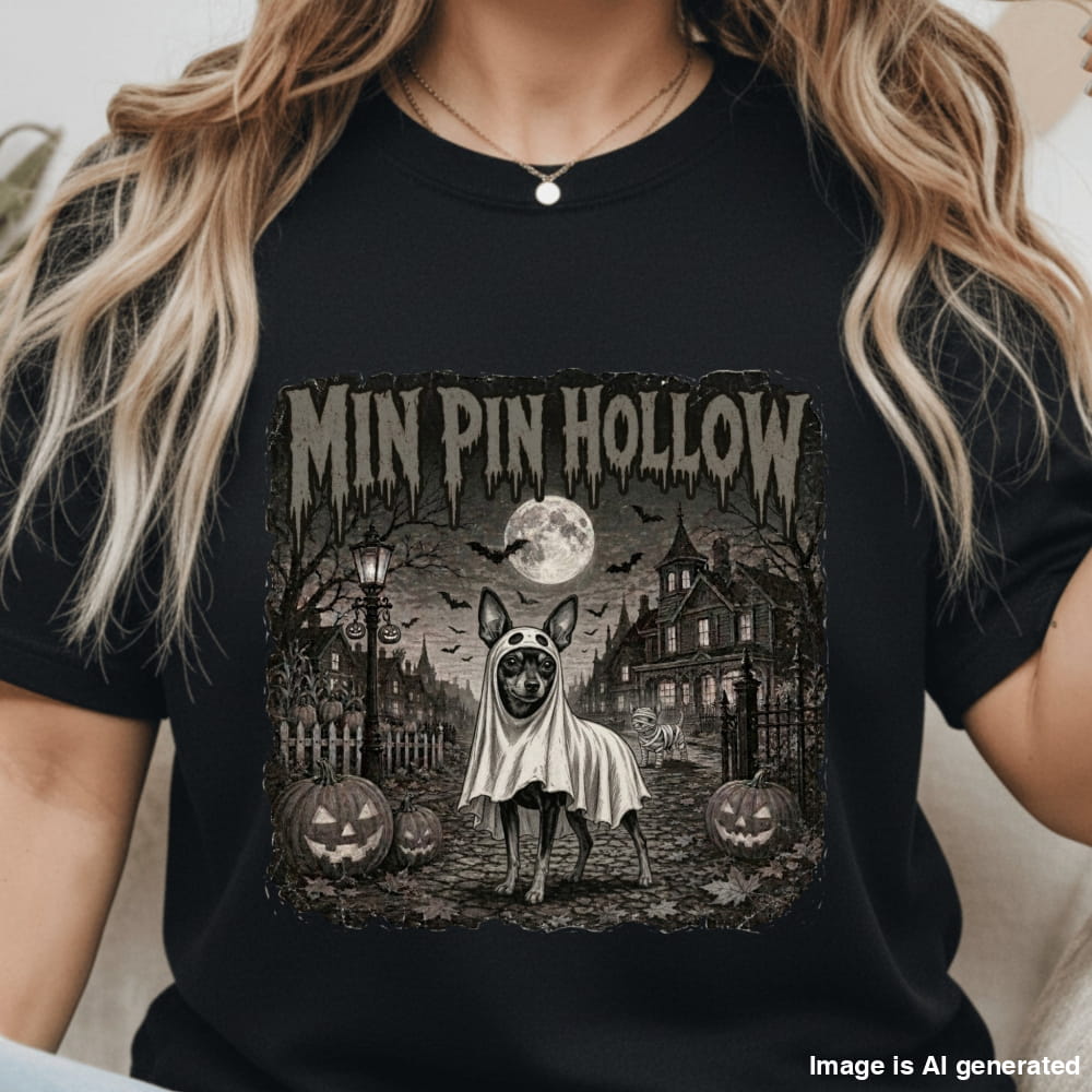 A woman wearing a black short-sleeve graphic T-shirt with a Halloween-themed illustration of a dog in a costume, pumpkins, a haunted house, and the text 'MIN PIN HOLLOW'.