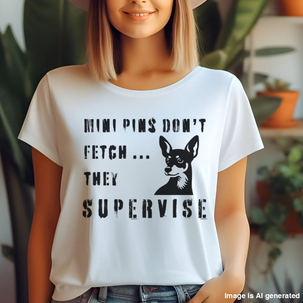 A person wearing a white t-shirt with the text 'MINI PINS DON'T FETCH.