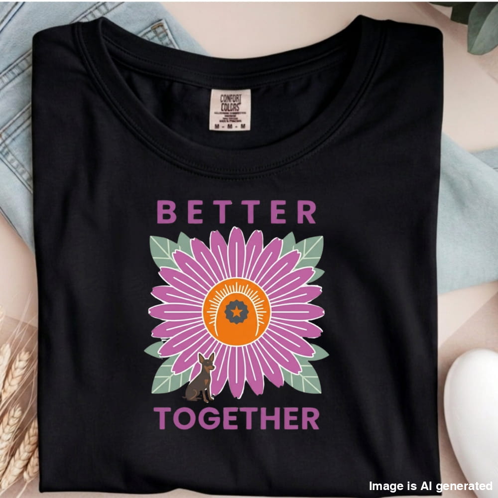 Black t-shirt with a purple flower graphic and 'Better Together' text on a neutral background