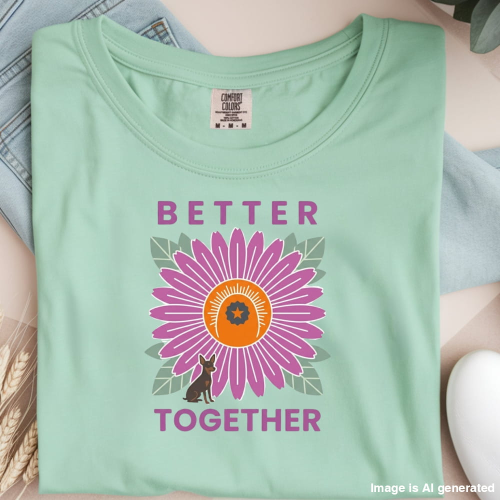 Light green t-shirt with a purple flower graphic and 'Better Together' text on a neutral background
