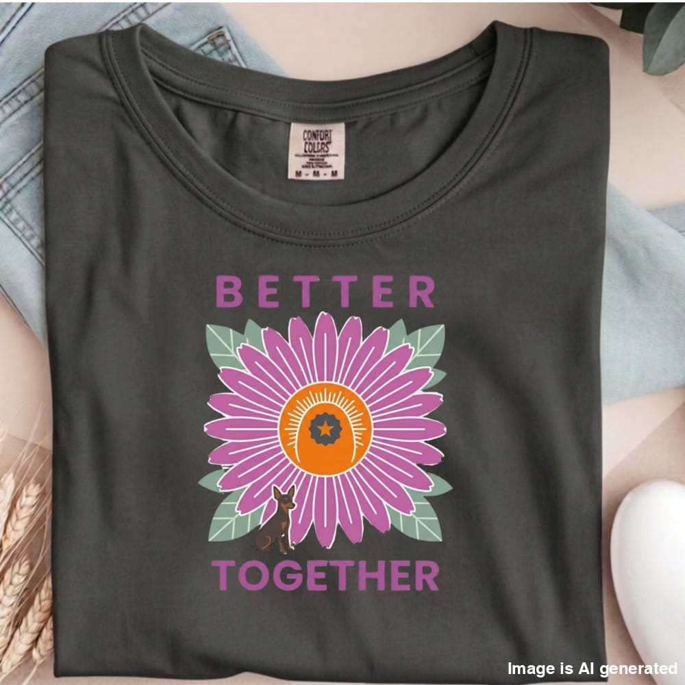 Dark gray t-shirt with a purple flower graphic and 'Better Together' text on a neutral background.