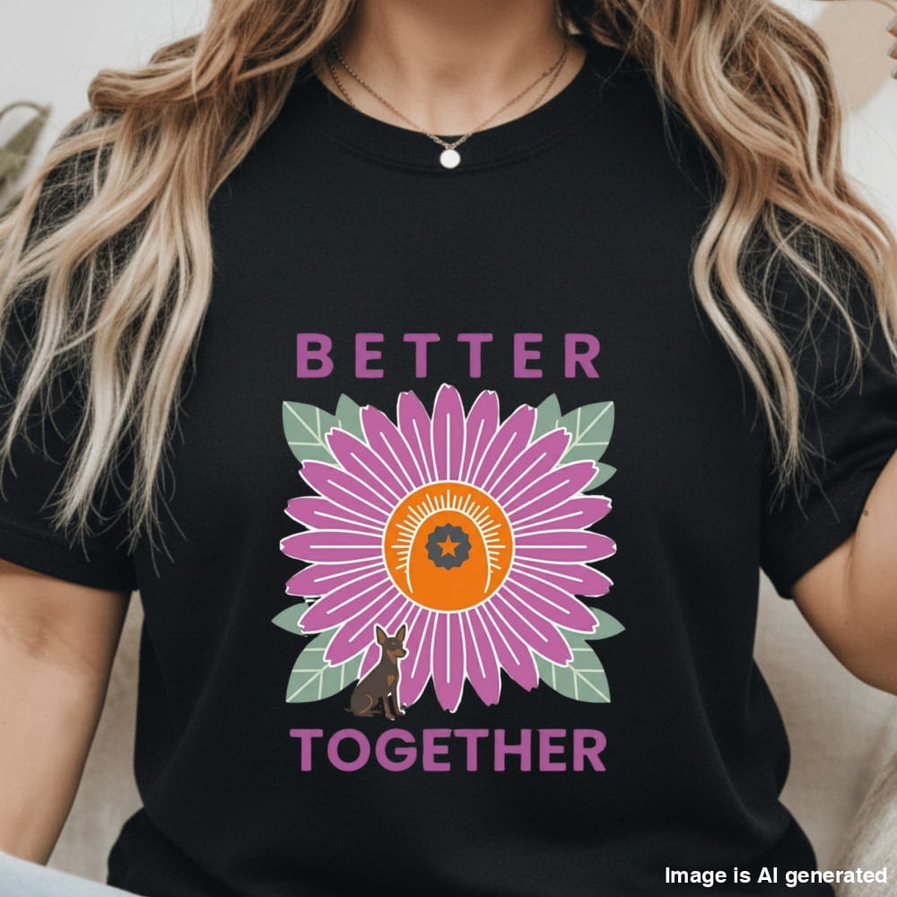 Person wearing a black t-shirt with a purple flower graphic and 'Better Together' text.