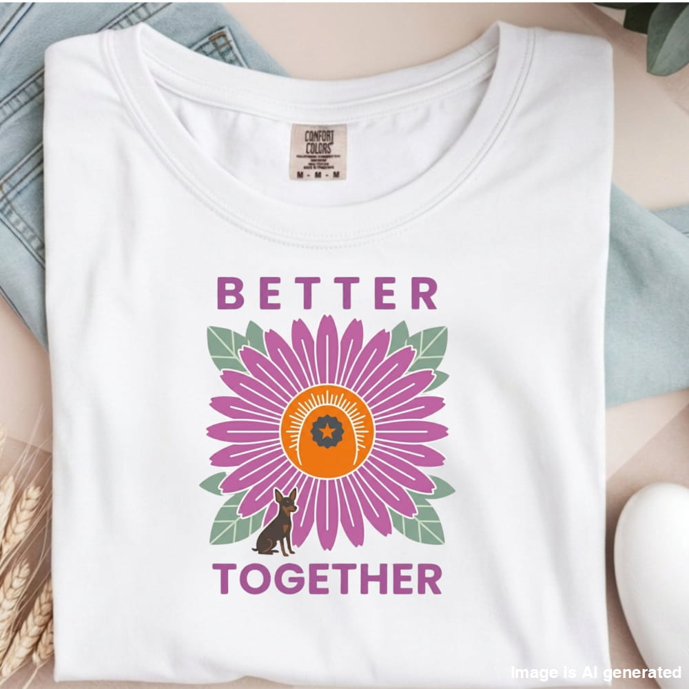 White t-shirt with a colorful flower design and 'Better Together' text on a neutral background