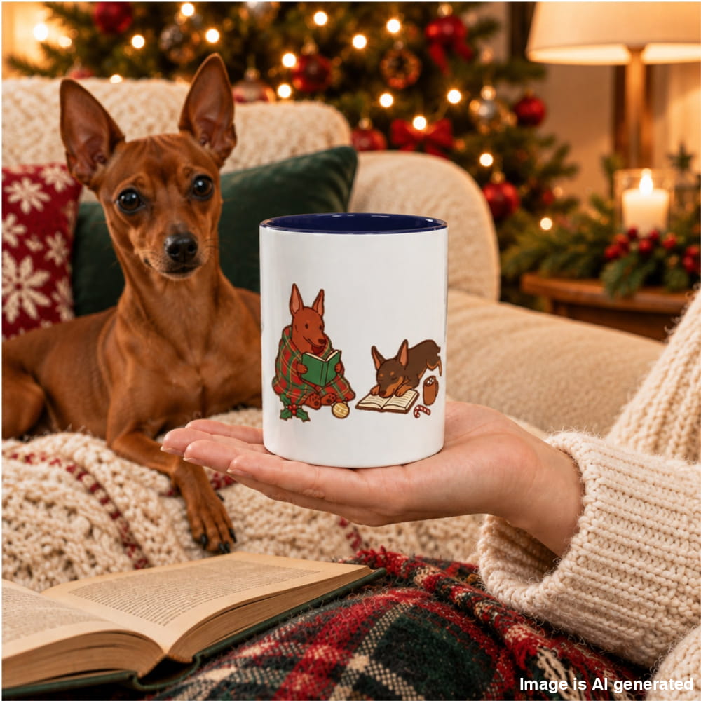 A hand holds a white ceramic mug with a navy interior and a Christmas illustration of two Mini Pinschers reading, while a red Min Pin rests on a cozy couch beside a lit Christmas tree.